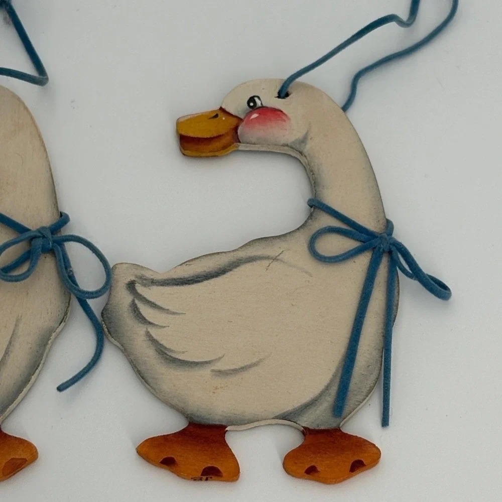 Vintage Country Goose Ornaments Set of 3 Wooden Blue Ribbon Grandmacore Handmade